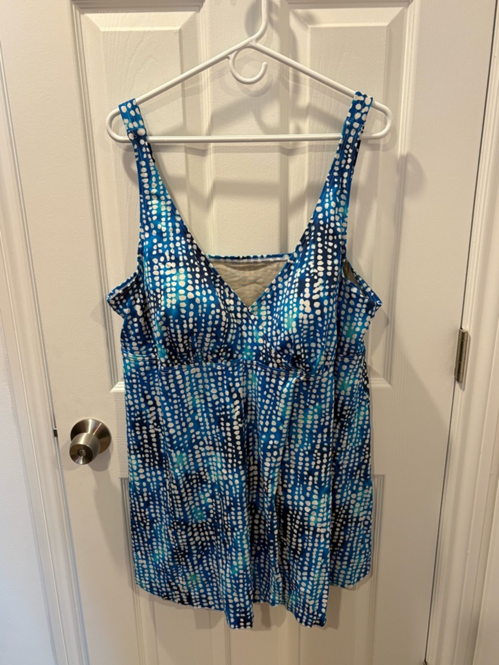 Swimsuits For All V Neck Surplice Swim Dress Blue White 24